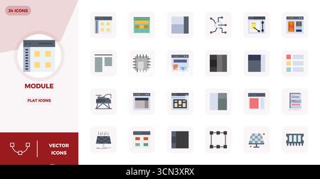 Essential pack of 24 PIXEL perfect vector icons for Module in Flat format, sized at 128x128 for optimal performance and scalability. Stock Vector