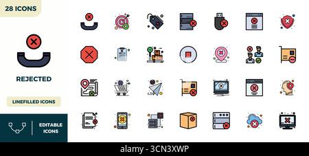 Strategic bundle featuring 28 vector icons representing Rejected in Lineal Color Filled format, optimized with 128x128 PIXEL perfect quality for profe Stock Vector