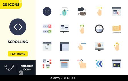 Thoughtfully designed 20 vector icons themed around Scrolling, crafted in Flat Colorful with 128x128 PIXEL perfect precision for contemporary design n Stock Vector