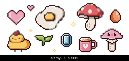 Pixel icon collection with 8 bit hearts, fried egg, mushroom character and sprout for retro game designs. Cute chicken, coffee mug and diamond. Nostalgic arcade assets for indie games or digital art. Stock Vector