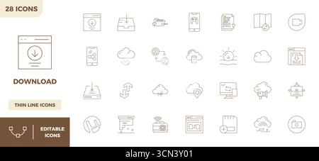 Essential pack of 28 PIXEL perfect vector icons for Download in Thin Outline format, sized at 128x128 for optimal performance and scalability. Stock Vector