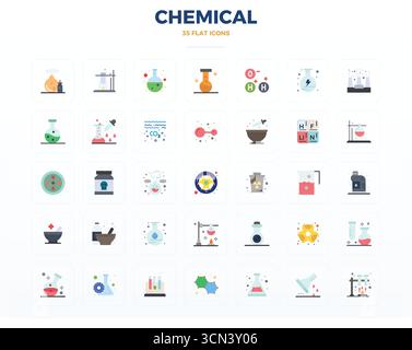 Contemporary collection of 35 vector icons representing Chemical in Flat aesthetic, featuring 128x128 PIXEL perfect resolution for modern application Stock Vector