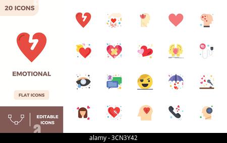 Curated pack of 20 128x128 vector icons in Flat Colorful design, centered around Emotional concepts with PIXEL perfect clarity. Stock Vector