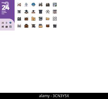 Unlock 24 Flat Line Filled PIXEL perfect vector icons inspired by Files, optimized in 128x128 format for flawless display across all devices. Stock Vector