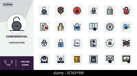 Handcrafted collection featuring 24 Lineal Filled Flat vector icons for Confidential, optimized in 128x128 PIXEL perfect resolution for premium digita Stock Vector