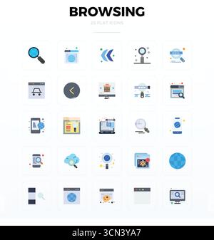 Industry-leading pack of 25 Flat PIXEL perfect vector icons for Browsing, sized at 128x128 for optimal rendering and user interface excellence. Stock Vector