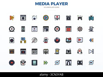 Intelligently designed 40 PIXEL perfect vector icons inspired by Media Player, created in Flat Line Filled format at 128x128 for smart and efficient d Stock Vector