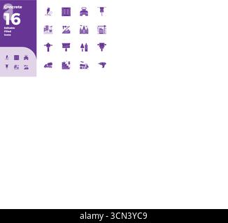 Strategic bundle featuring 16 vector icons representing Concrete in Filled format, optimized with 128x128 PIXEL perfect quality for professional workf Stock Vector