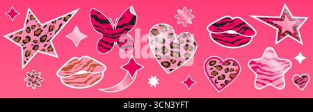 Trendy y2k glitter sticker collection with leopard print hearts, zebra butterfly and sparkly stars for nostalgic design. Pink retro aesthetic elements with animal patterns, lips and shiny accents. Stock Vector