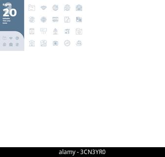 Artfully designed 20 Slim Line PIXEL perfect vector icons for Export, delivered in 128x128 format for consistent visual excellence. Stock Vector