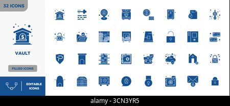 Enhance your projects with 32 Glyph Filled vector icons themed around Vault, featuring 128x128 PIXEL perfect resolution ideal for clean and profession Stock Vector