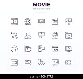 Precision-engineered 20 Bold Outline vector icons for Movie, designed at 128x128 PIXEL perfect resolution for exceptional clarity and scalability. Stock Vector