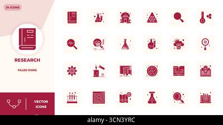 Comprehensive bundle featuring 24 vector icons in Glyph Filled design for Research, delivered in crisp 128x128 PIXEL perfect quality. Stock Vector