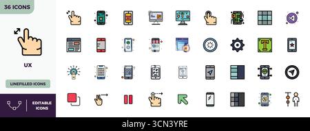 Professional-grade collection of 36 Lineal Color Filled vector icons representing Ux, crafted with 128x128 PIXEL perfect precision for enterprise appl Stock Vector