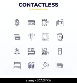 Handcrafted collection featuring 16 Bold Outline vector icons for Contactless, optimized in 128x128 PIXEL perfect resolution for premium digital exper Stock Vector