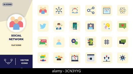 Essential pack of 24 PIXEL perfect vector icons for Social Network in Flat format, sized at 128x128 for optimal performance and scalability. Stock Vector