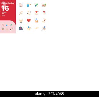 Professionally designed 16 vector icons in Flat, capturing the essence of Humanitarian with 128x128 PIXEL perfect precision for UI design. Stock Vector