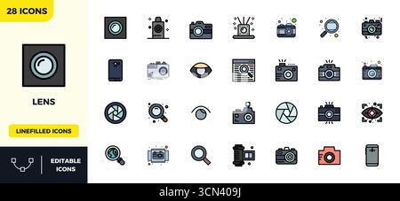 Comprehensive bundle featuring 28 vector icons in Lineal Color Filled design for Lens, delivered in crisp 128x128 PIXEL perfect quality. Stock Vector