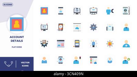 High-performance collection of 24 Flat vector icons for Account Details, engineered with 128x128 PIXEL perfect resolution for optimal user interface d Stock Vector