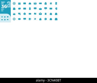 Discover a set of 36 Black Filled vector icons crafted for the Digital Mail theme, featuring 128x128 PIXEL perfect designs ideal for modern UI/UX proj Stock Vector
