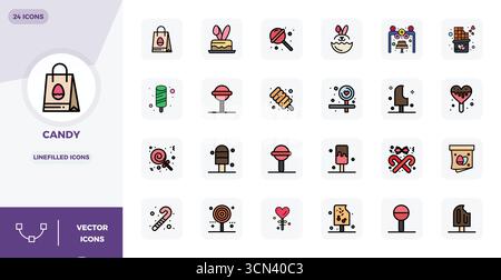 Artfully designed 24 Lineal Filled Flat PIXEL perfect vector icons for Candy, delivered in 128x128 format for consistent visual excellence. Stock Vector