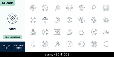 Professional-grade collection of 28 Thin Outline vector icons representing Coin, crafted with 128x128 PIXEL perfect precision for enterprise applicati Stock Vector