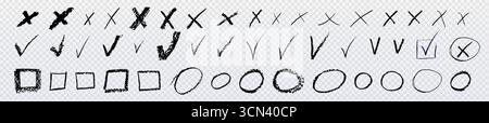 Hand drawn vote check doodle set with crosses, ticks and circles for surveys or elections - brush stroke, thin line and textured marks on transparent background. Forms for ballots or questionnaires. Stock Vector