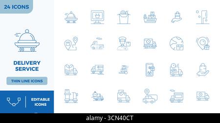 Sophisticated bundle of 24 Thin Outline vector icons for Delivery Service, engineered with 128x128 PIXEL perfect clarity for professional applications Stock Vector