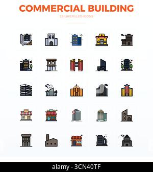 Carefully curated 25 Flat Line Filled vector icons for Commercial Building, featuring 128x128 PIXEL perfect resolution for consistent brand representa Stock Vector