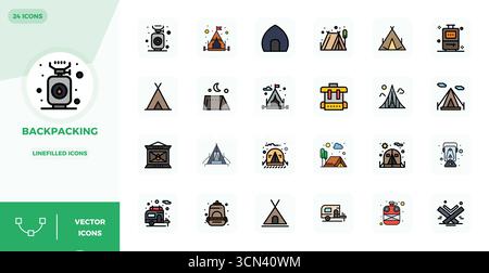 Advanced collection of 24 PIXEL perfect vector icons inspired by Backpacking, crafted in Lineal Filled Flat with 128x128 optimization for superior vis Stock Vector