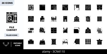 State-of-the-art bundle featuring 28 PIXEL perfect vector icons inspired by File Cabinet, created in Glyph Filled format at 128x128 for next-generatio Stock Vector