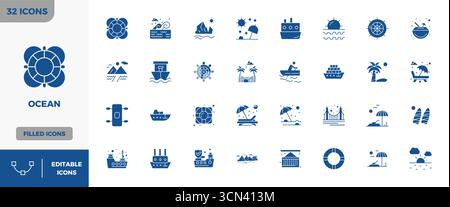 Industry-leading pack of 32 Glyph Filled PIXEL perfect vector icons for Ocean, sized at 128x128 for optimal rendering and user interface excellence. Stock Vector