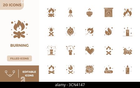 A clean collection of 20 Glyph Filled vector icons representing Burning, designed in 128x128 PIXEL perfect format for modern dashboards and interfaces Stock Vector