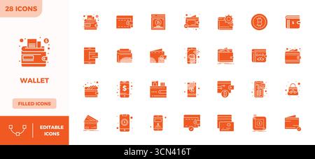 Sophisticated bundle of 28 Glyph Filled vector icons for Wallet, engineered with 128x128 PIXEL perfect clarity for professional applications. Stock Vector