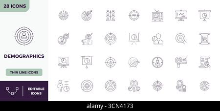 Sophisticated bundle of 28 Thin Outline vector icons for Demographics, engineered with 128x128 PIXEL perfect clarity for professional applications. Stock Vector