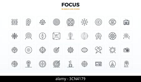 Professionally designed 36 vector icons in Bold Outline, capturing the essence of Focus with 128x128 PIXEL perfect precision for UI design. Stock Vector