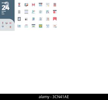 Carefully curated 24 Flat Color vector icons for Article, featuring 128x128 PIXEL perfect resolution for consistent brand representation and user expe Stock Vector