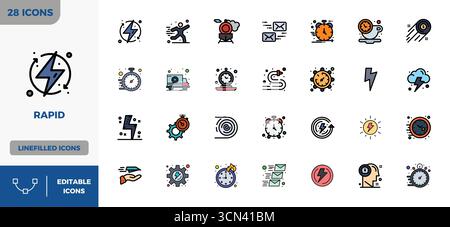 Premium collection of 28 Lineal Color Filled vector icons for Rapid, meticulously crafted in 128x128 PIXEL perfect resolution for superior visual impa Stock Vector