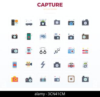 Collection of 30 Flat PIXEL perfect vector icons for Capture, designed in 128x128 format for clarity and versatility. Stock Vector