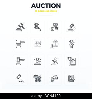 Precision-engineered 16 Bold Outline vector icons for Auction, designed at 128x128 PIXEL perfect resolution for exceptional clarity and scalability. Stock Vector