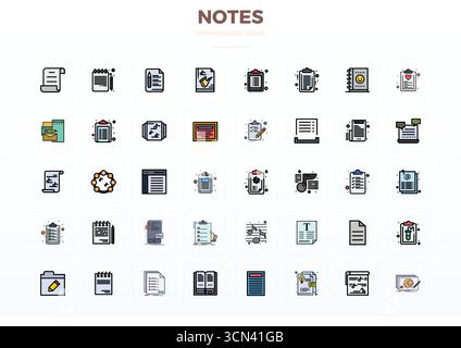 Contemporary collection of 40 vector icons representing Notes in Flat Line Filled aesthetic, featuring 128x128 PIXEL perfect resolution for modern app Stock Vector