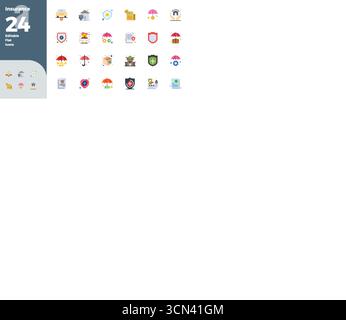 A versatile set of 24 Flat Color PIXEL perfect vector icons focused on Insurance, delivered in crisp 128x128 format ideal for mobile and web applicati Stock Vector