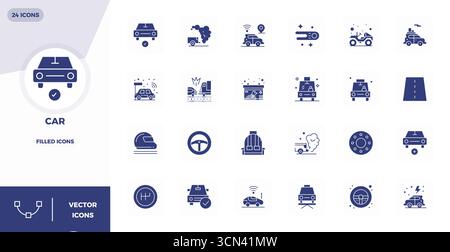 Masterfully created 24 vector icons representing Car in Glyph Filled design, featuring 128x128 PIXEL perfect resolution for exceptional visual quality Stock Vector