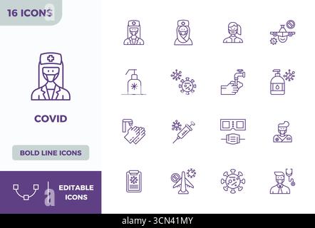 Collection of 16 Bold Line PIXEL perfect vector icons for Covid, designed in 128x128 format for clarity and versatility. Stock Vector