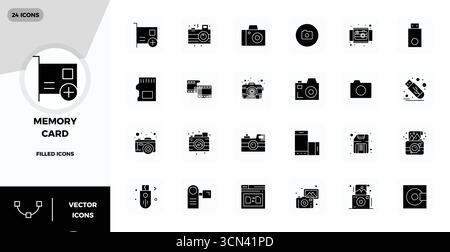 Sophisticated bundle of 24 Glyph Filled vector icons for Memory Card, engineered with 128x128 PIXEL perfect clarity for professional applications. Stock Vector