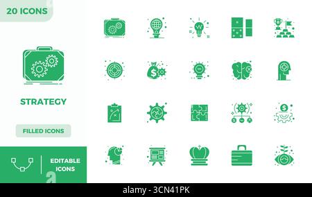 Exclusive collection of 20 Glyph Filled vector icons for Strategy, developed with 128x128 PIXEL perfect resolution for premium brand experiences. Stock Vector