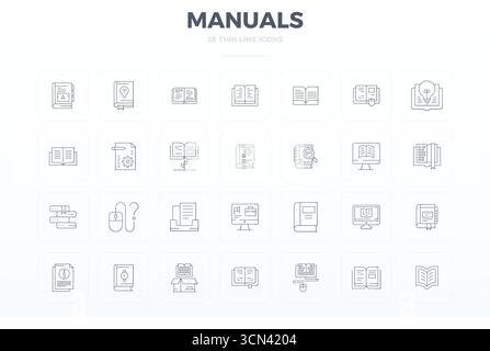Masterfully created 28 vector icons representing Manuals in Thin Line design, featuring 128x128 PIXEL perfect resolution for exceptional visual qualit Stock Vector