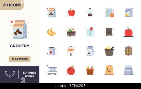 Industry-leading pack of 20 Flat Colorful PIXEL perfect vector icons for Grocery, sized at 128x128 for optimal rendering and user interface excellence Stock Vector