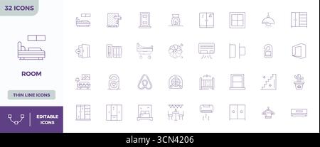 Comprehensive toolkit of 32 vector icons themed around Room, developed in Thin Outline with 128x128 PIXEL perfect precision for versatile design appli Stock Vector
