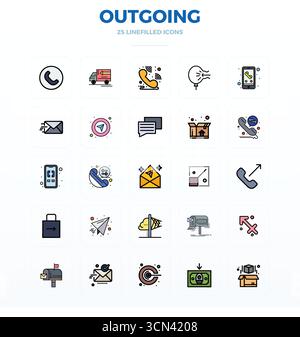 Distinctive pack of 25 PIXEL perfect vector icons inspired by Outgoing, crafted in Flat Line Filled format at 128x128 for memorable brand experiences. Stock Vector